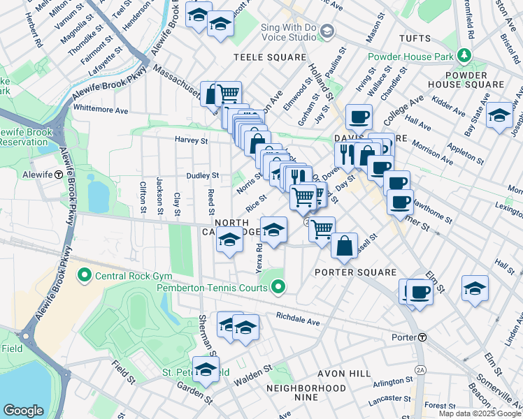 map of restaurants, bars, coffee shops, grocery stores, and more near 24 Rice Street in Cambridge