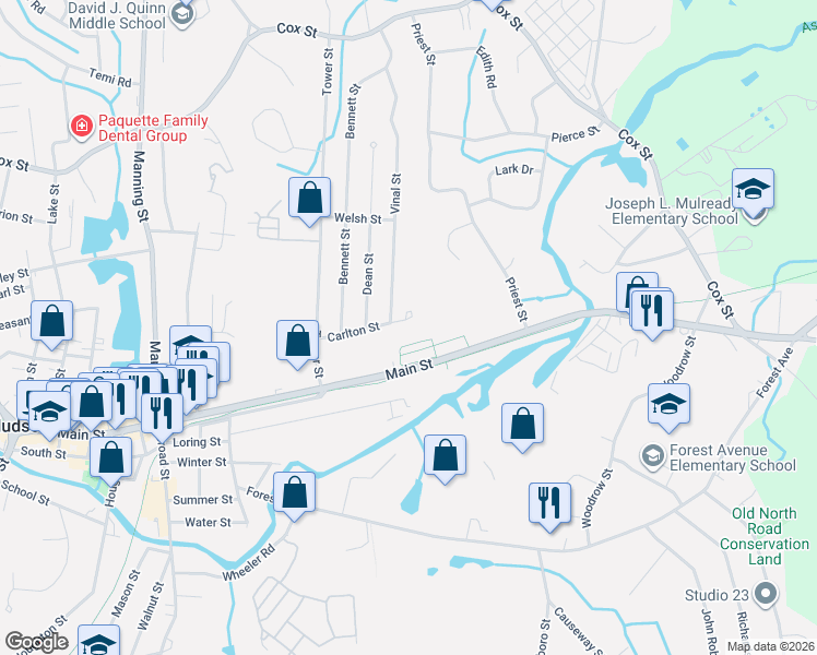 map of restaurants, bars, coffee shops, grocery stores, and more near 28 Carlton Street in Hudson