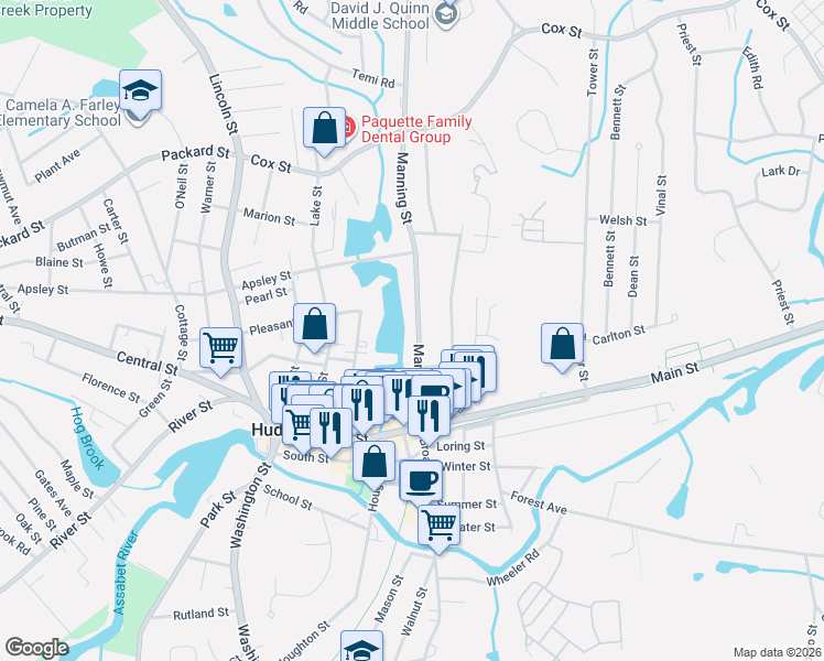 map of restaurants, bars, coffee shops, grocery stores, and more near 52 Manning Street in Hudson