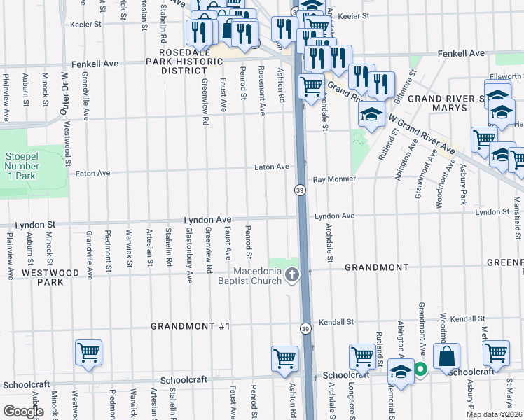 map of restaurants, bars, coffee shops, grocery stores, and more near 14534 Rosemont Avenue in Detroit