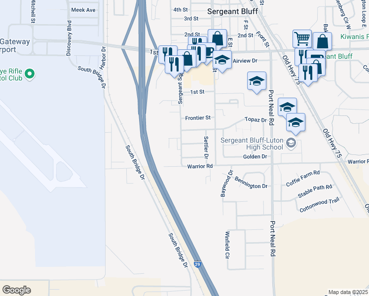 map of restaurants, bars, coffee shops, grocery stores, and more near 201 Prairie Lane in Sergeant Bluff
