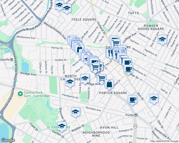 map of restaurants, bars, coffee shops, grocery stores, and more near 2270 Massachusetts Avenue in Cambridge
