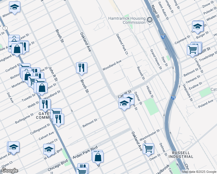 map of restaurants, bars, coffee shops, grocery stores, and more near 641 Rosedale Court in Detroit
