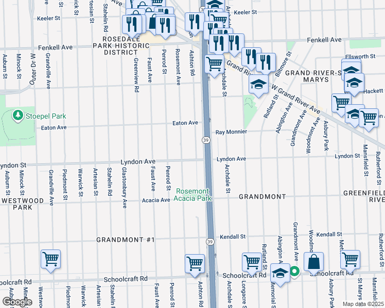 map of restaurants, bars, coffee shops, grocery stores, and more near 14521 Ashton Road in Detroit