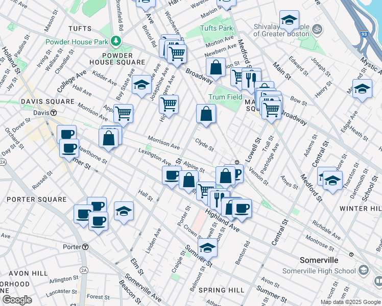 map of restaurants, bars, coffee shops, grocery stores, and more near 181 Cedar Street in Somerville
