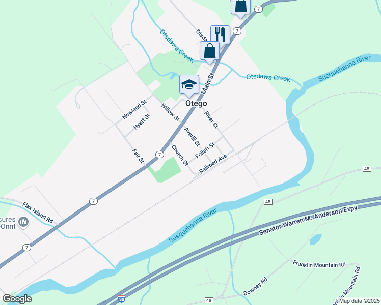 map of restaurants, bars, coffee shops, grocery stores, and more near 5 Follett St in Otego