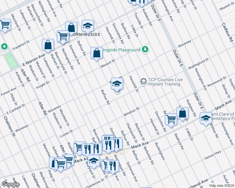 map of restaurants, bars, coffee shops, grocery stores, and more near 15755 Bremen Street in Detroit