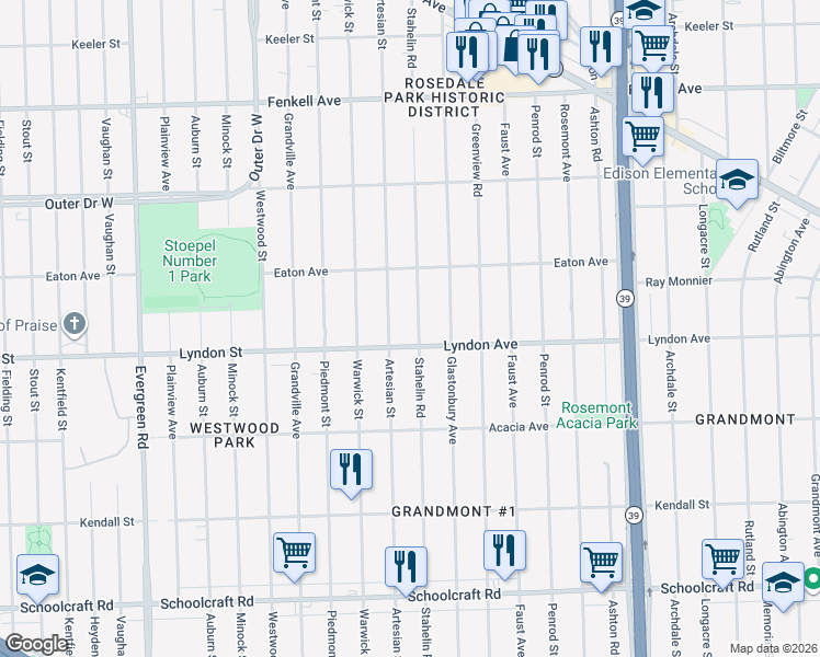map of restaurants, bars, coffee shops, grocery stores, and more near 14531 Stahelin Road in Detroit