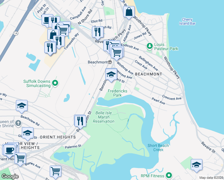 map of restaurants, bars, coffee shops, grocery stores, and more near 100 Bennington Street in Revere