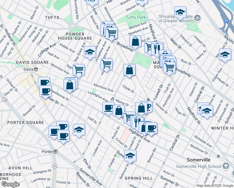map of restaurants, bars, coffee shops, grocery stores, and more near 181 Cedar Street in Somerville