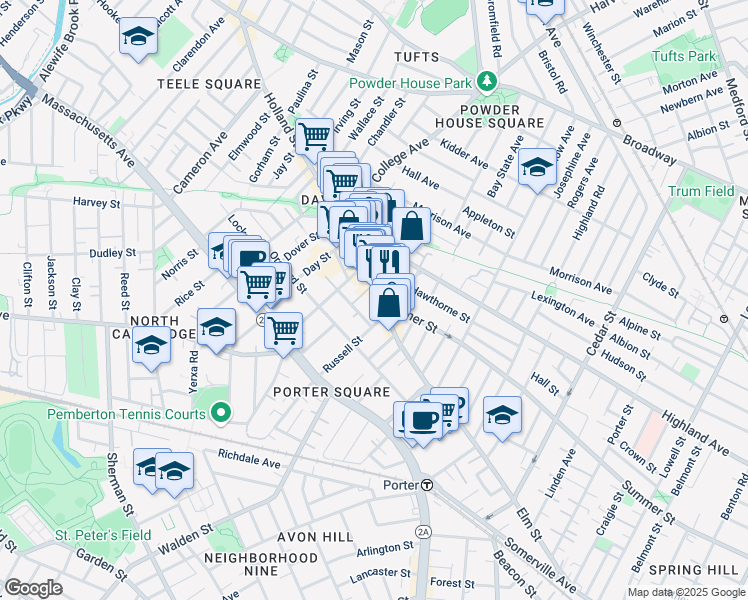 map of restaurants, bars, coffee shops, grocery stores, and more near 217 Elm Street in Somerville
