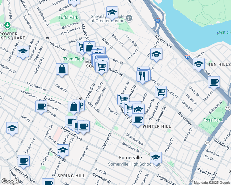 map of restaurants, bars, coffee shops, grocery stores, and more near 75 Bartlett Street in Somerville