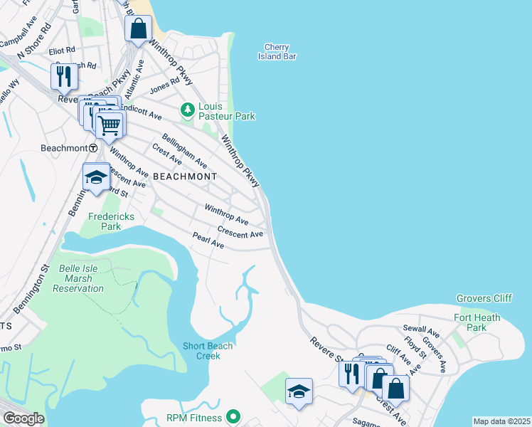 map of restaurants, bars, coffee shops, grocery stores, and more near 278 Endicott Avenue in Revere