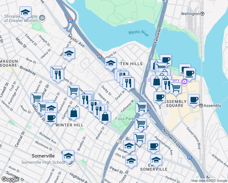 map of restaurants, bars, coffee shops, grocery stores, and more near 43 Sydney Street in Somerville