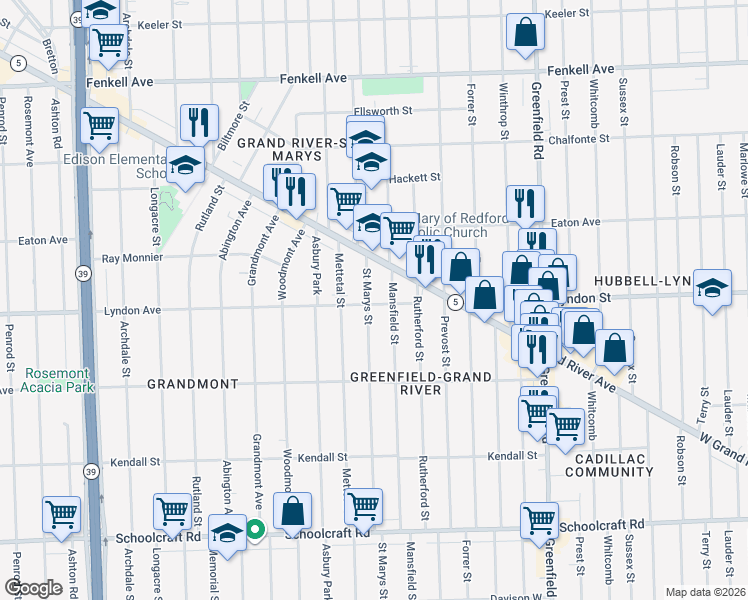 map of restaurants, bars, coffee shops, grocery stores, and more near 14512 Mansfield Street in Detroit