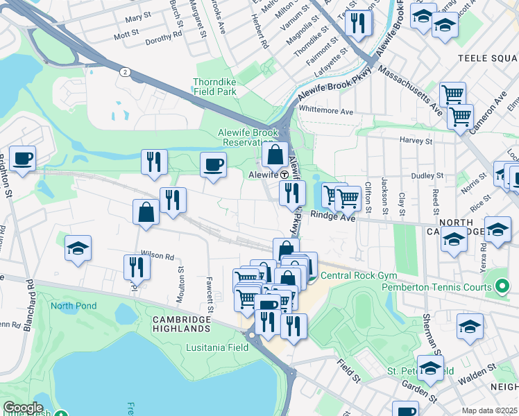 map of restaurants, bars, coffee shops, grocery stores, and more near 54 Cambridgepark Drive in Cambridge