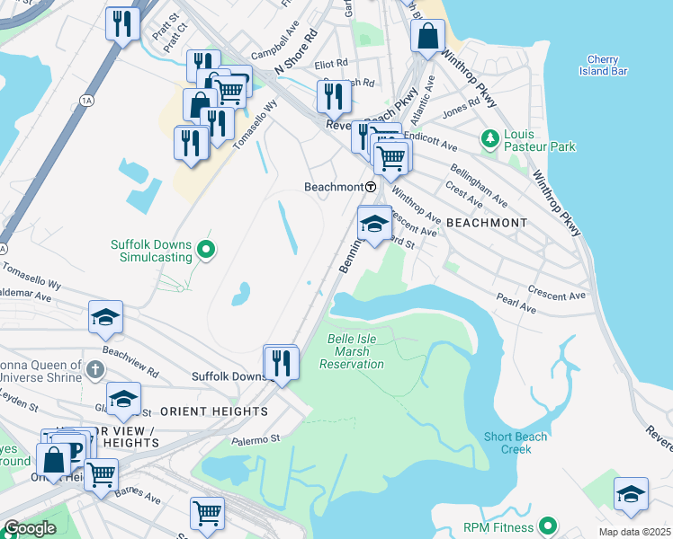 map of restaurants, bars, coffee shops, grocery stores, and more near 145 Bennington Street in Revere