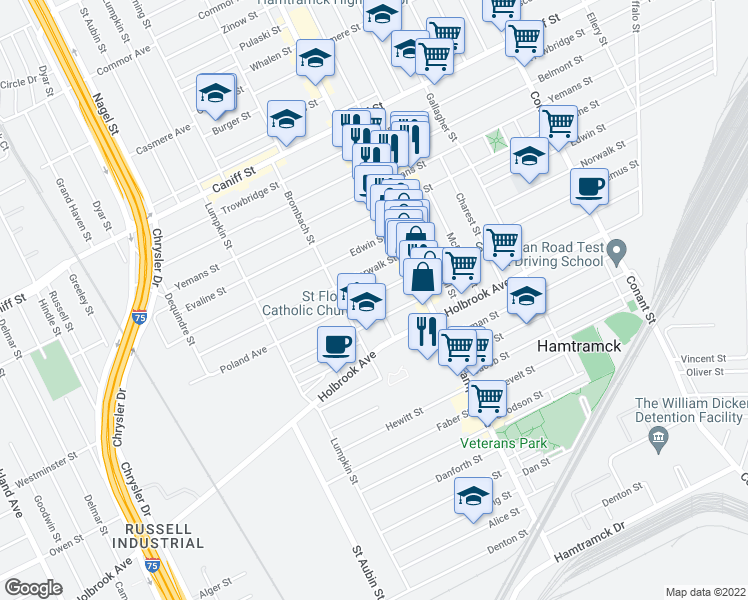 map of restaurants, bars, coffee shops, grocery stores, and more near 2726 Poland Street in Hamtramck