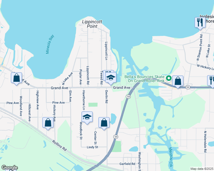 map of restaurants, bars, coffee shops, grocery stores, and more near 278 Grand Avenue in Fox Lake