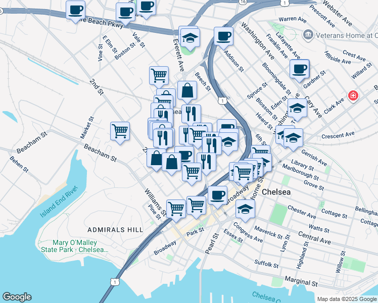 map of restaurants, bars, coffee shops, grocery stores, and more near 100 Everett Avenue in Chelsea