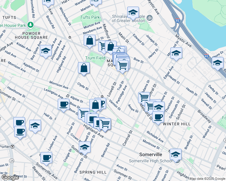 map of restaurants, bars, coffee shops, grocery stores, and more near 38 Trull Street in Somerville