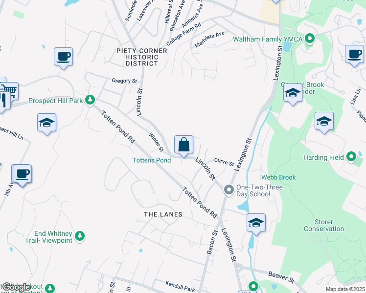 map of restaurants, bars, coffee shops, grocery stores, and more near 36 Glen Circle in Waltham