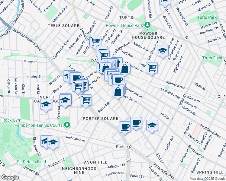 map of restaurants, bars, coffee shops, grocery stores, and more near 212 Elm Street in Somerville