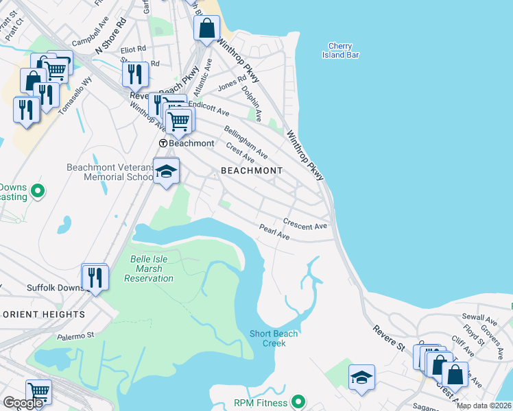 map of restaurants, bars, coffee shops, grocery stores, and more near 903 Winthrop Avenue in Revere