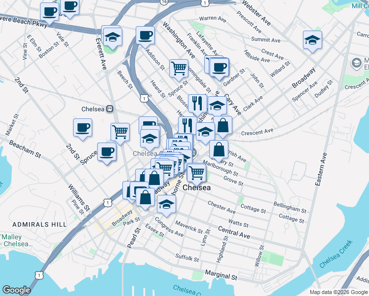 map of restaurants, bars, coffee shops, grocery stores, and more near 103 Poplar Street in Chelsea