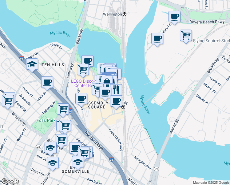 map of restaurants, bars, coffee shops, grocery stores, and more near 445 Artisan Way in Somerville