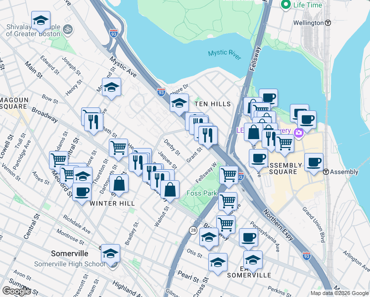 map of restaurants, bars, coffee shops, grocery stores, and more near 43 Sydney Street in Somerville