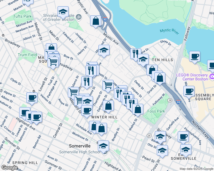 map of restaurants, bars, coffee shops, grocery stores, and more near 11 Fenwick Street in Somerville