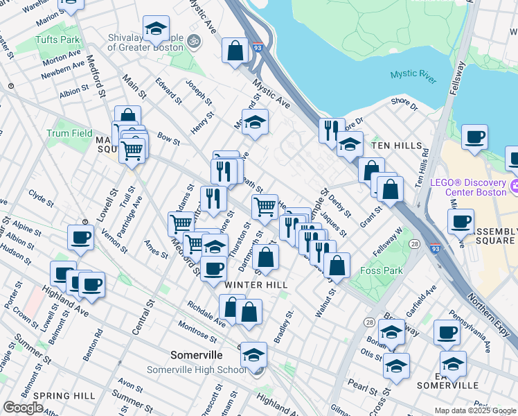 map of restaurants, bars, coffee shops, grocery stores, and more near 11 Fenwick Street in Somerville