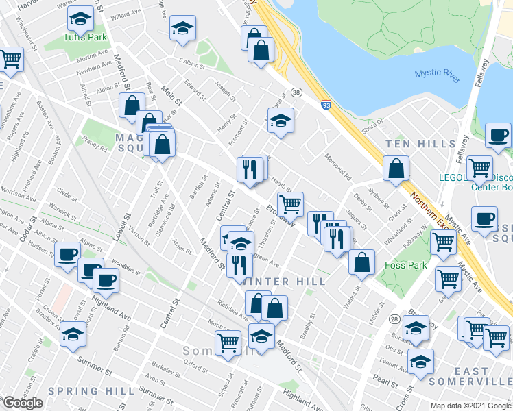 map of restaurants, bars, coffee shops, grocery stores, and more near 379 Broadway in Somerville