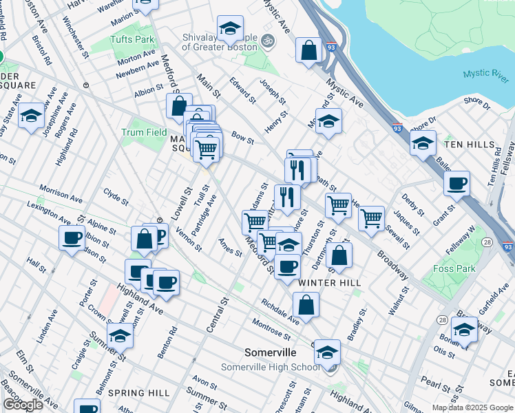 map of restaurants, bars, coffee shops, grocery stores, and more near 43 Adams Street in Somerville