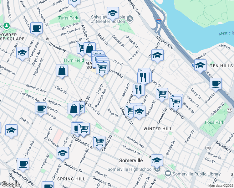 map of restaurants, bars, coffee shops, grocery stores, and more near 81 Bartlett Street in Somerville