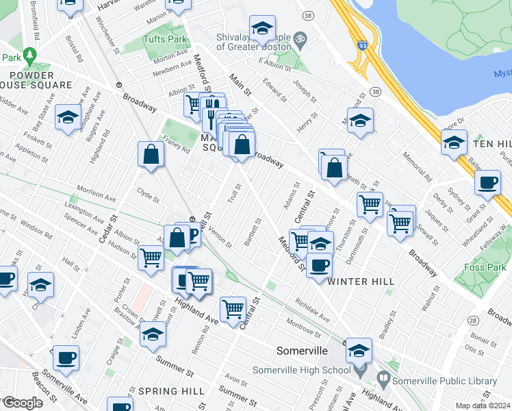 map of restaurants, bars, coffee shops, grocery stores, and more near 47 Partridge Avenue in Somerville