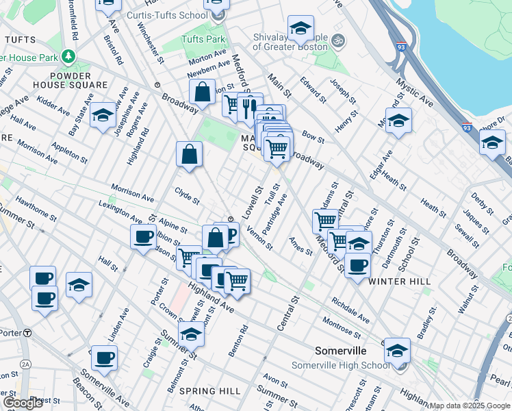 map of restaurants, bars, coffee shops, grocery stores, and more near 38 Trull Street in Somerville