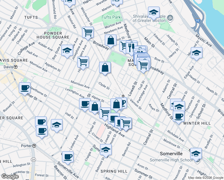 map of restaurants, bars, coffee shops, grocery stores, and more near 58 Clyde Street in Somerville