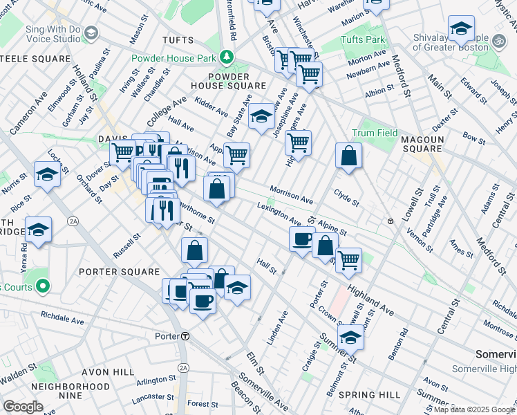 map of restaurants, bars, coffee shops, grocery stores, and more near 82 Lexington Avenue in Somerville