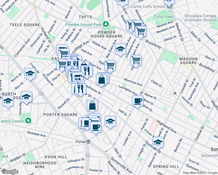 map of restaurants, bars, coffee shops, grocery stores, and more near 100 Willow Avenue in Somerville