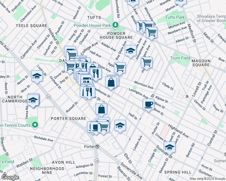 map of restaurants, bars, coffee shops, grocery stores, and more near 100 Willow Avenue in Somerville