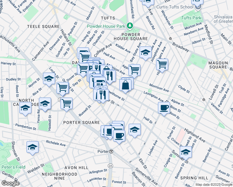 map of restaurants, bars, coffee shops, grocery stores, and more near 362A Highland Avenue in Somerville