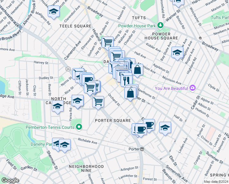 map of restaurants, bars, coffee shops, grocery stores, and more near in Somerville