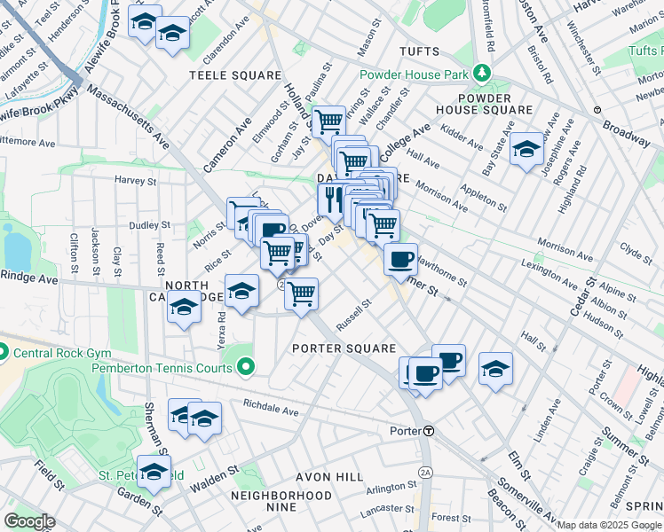 map of restaurants, bars, coffee shops, grocery stores, and more near 123 Orchard Street in Somerville