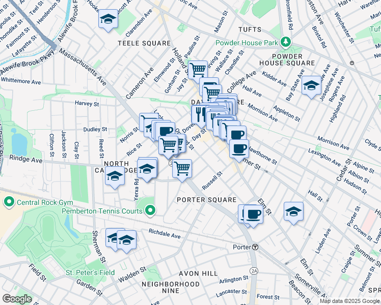 map of restaurants, bars, coffee shops, grocery stores, and more near 123 Orchard Street in Somerville