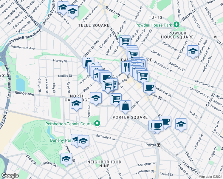 map of restaurants, bars, coffee shops, grocery stores, and more near 15 Day Street in Cambridge