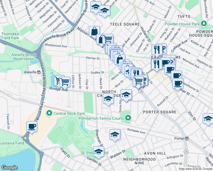 map of restaurants, bars, coffee shops, grocery stores, and more near 53R Cedar Street in Cambridge