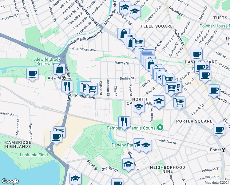 map of restaurants, bars, coffee shops, grocery stores, and more near 34 Clay Street in Cambridge
