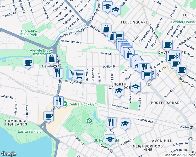 map of restaurants, bars, coffee shops, grocery stores, and more near 34 Clay Street in Cambridge